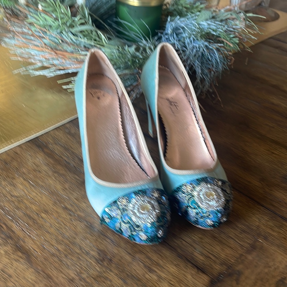 8.5 Anthro Blue Satin Heels